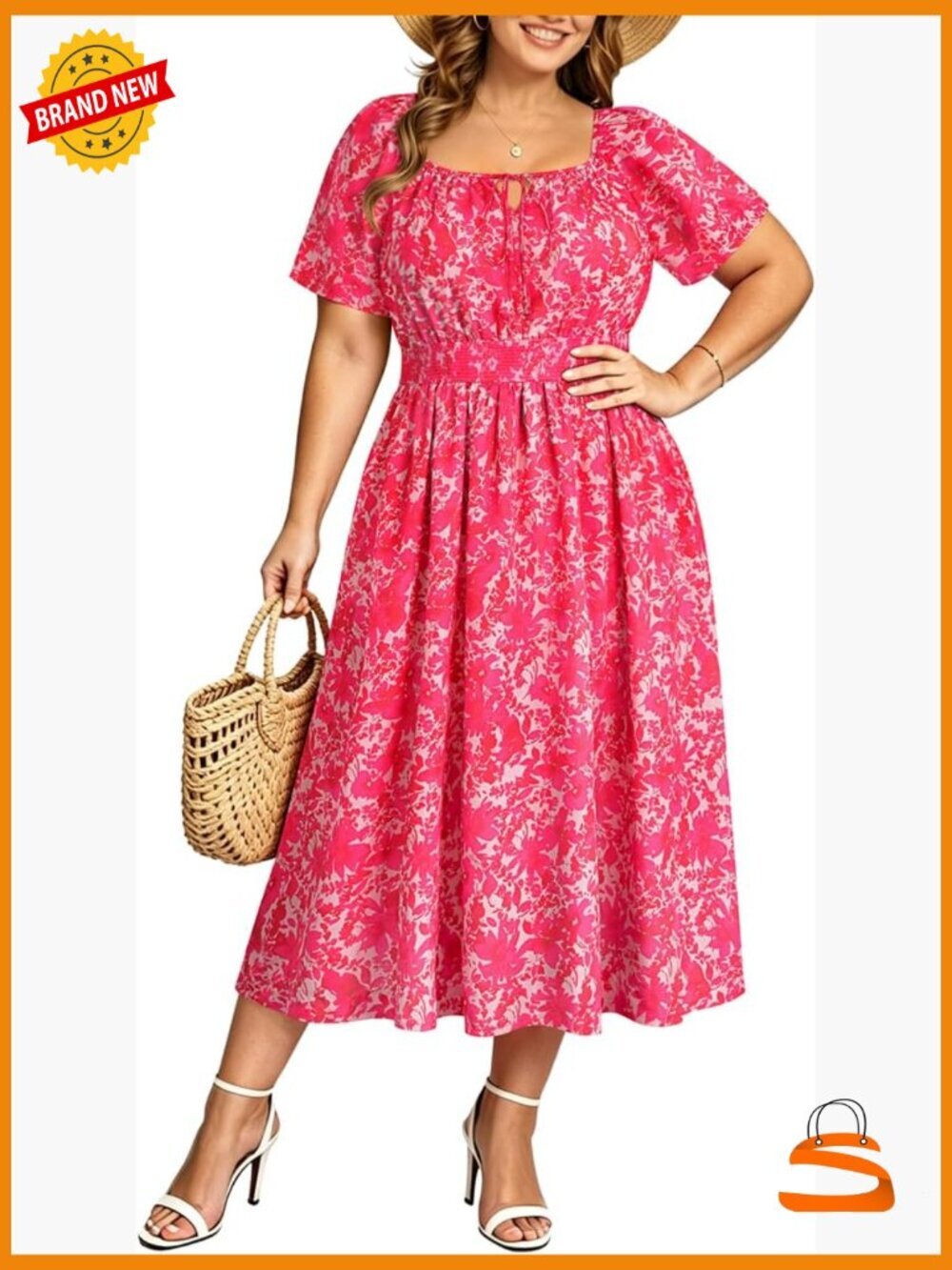 Plus Size Midi Dress Short Sleeve Square Neck Tie Front Elastic Waist with